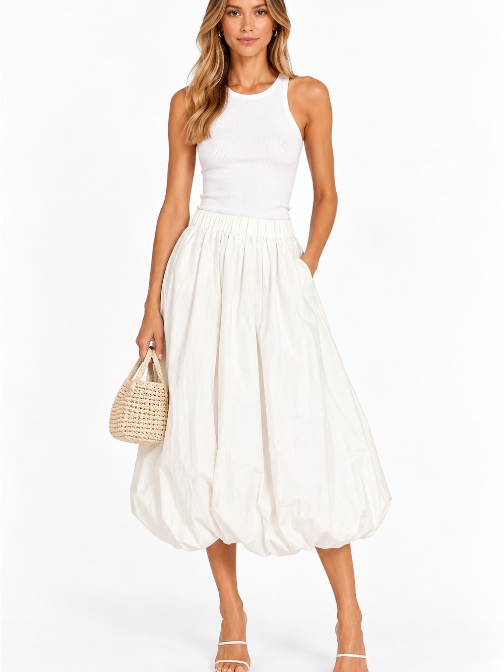 JcSophie White Cotton Bubble Skirt Size 38 Elastic Waist Midi Avant Garde
